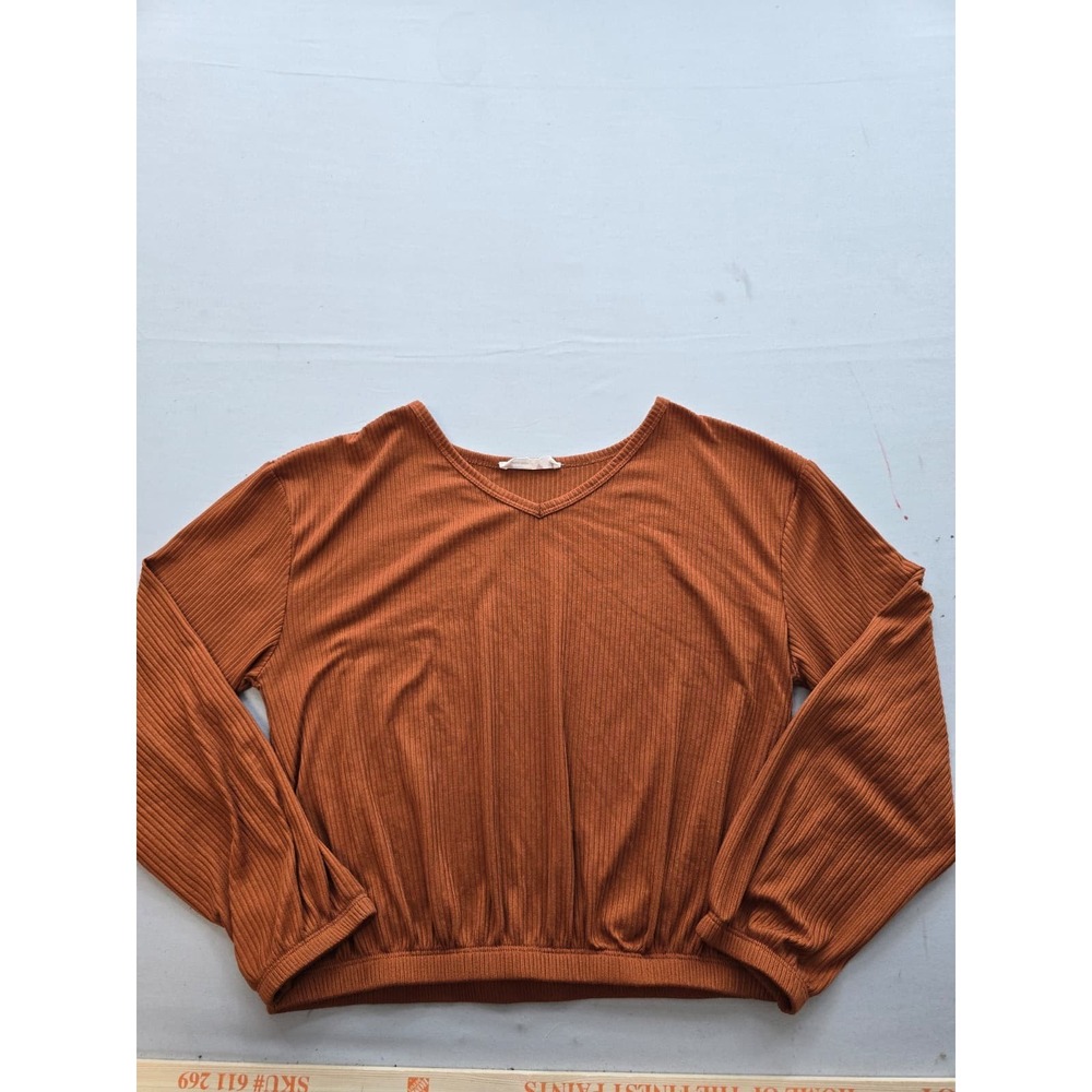 Beautees Rust Orange Ribbed V-Neck Blouson Top Long Sleeve Medium
